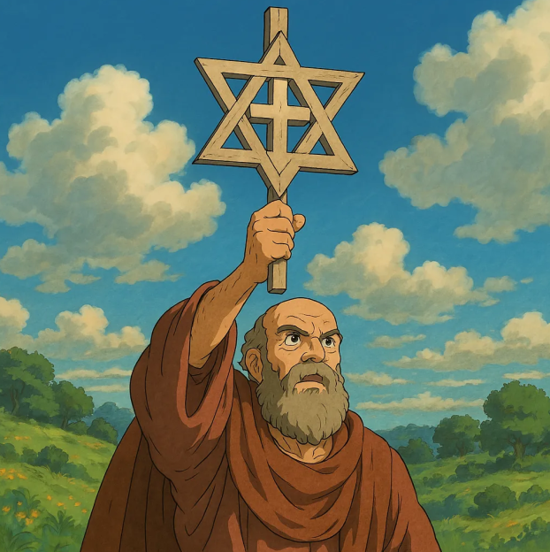 The Apostle Paul holding up a cross with the Star of David.