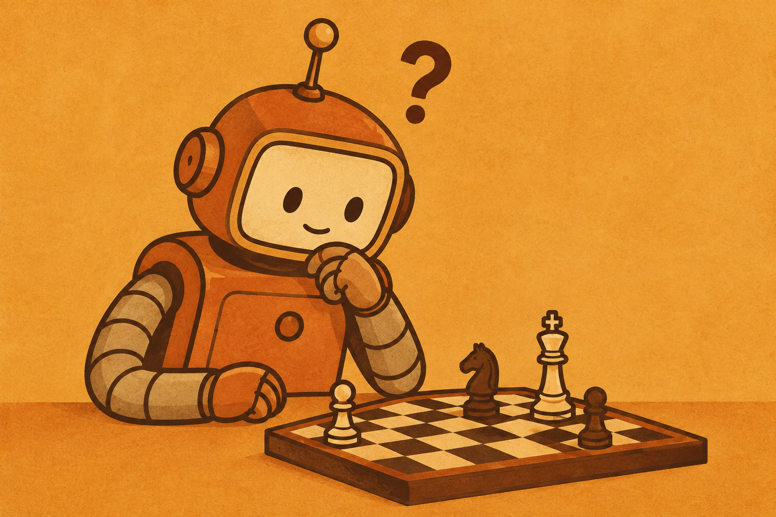 A thoughtful cartoon robot considering a chess move beneath a question mark