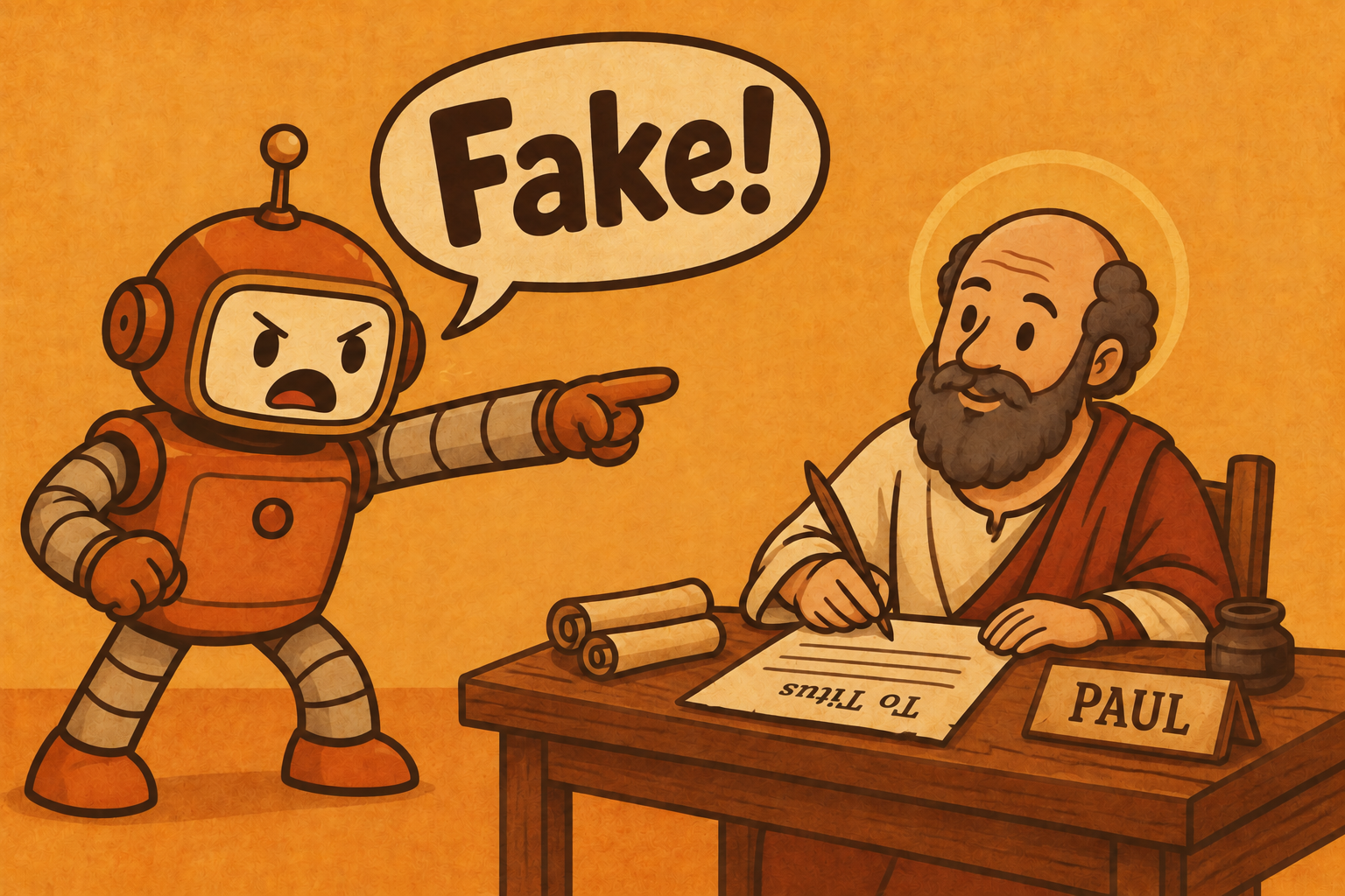 A cartoon robot points at the Apostle Paul and says “Fake!” while Paul writes a letter to Titus